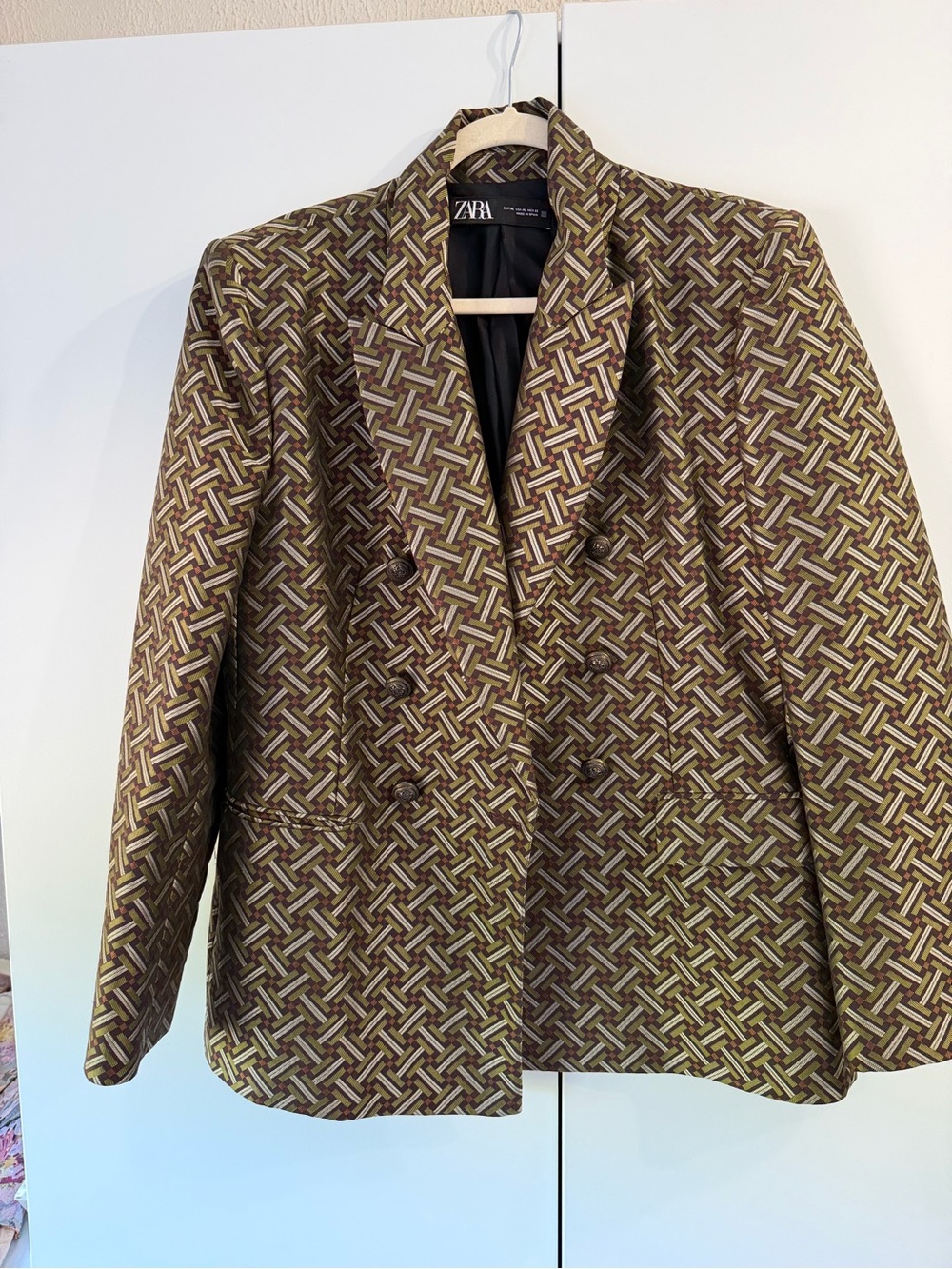 Zara Brown Olive Patterned Double-Breasted Blazer